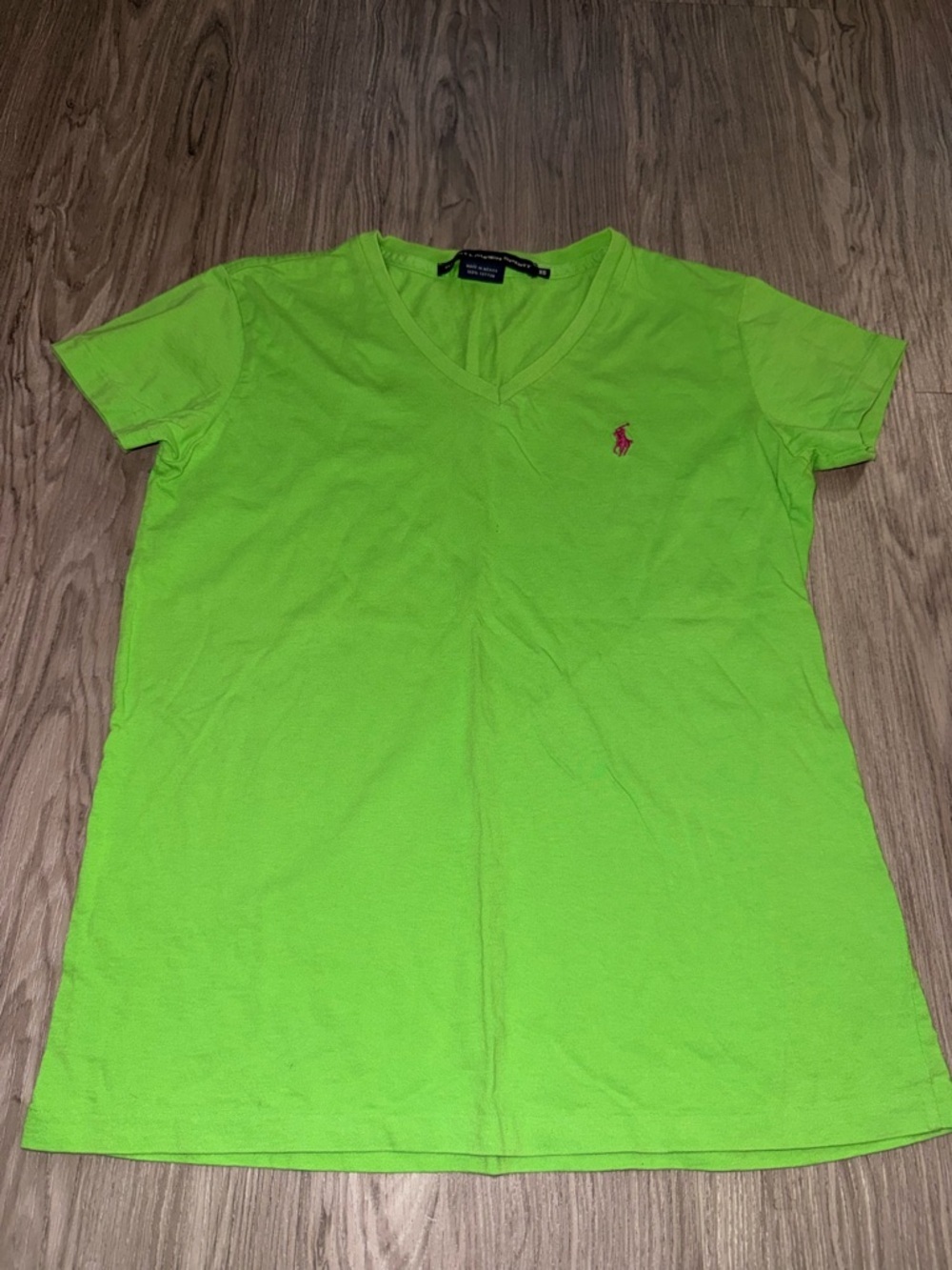 Ralph Lauren Neon Green V-Neck Tee with Pink Pony